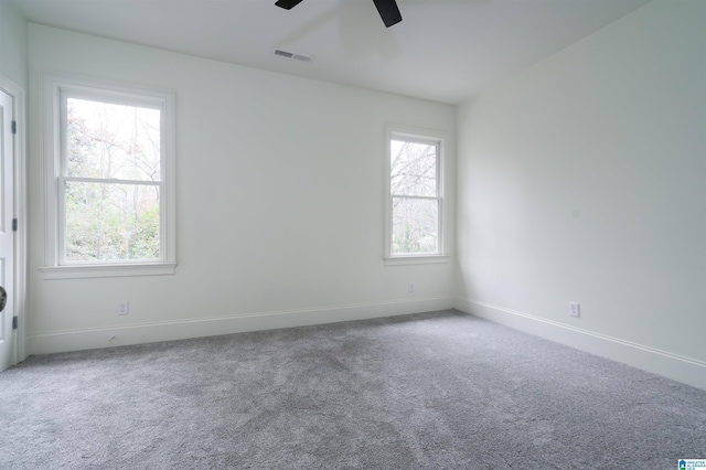 empty room featuring a wealth of natural light, ceiling fan, and carpet flooring