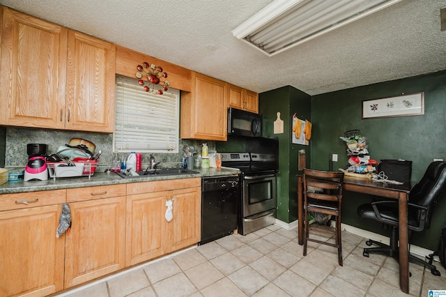 kitchen featuring backsplash, sink, a textured ceiling, and black appliances