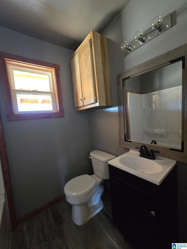 bathroom with vanity, wood-type flooring, and toilet