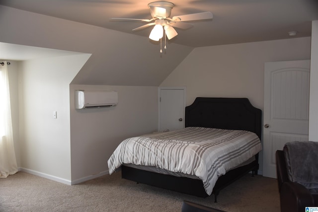 bedroom featuring baseboards, light colored carpet, ceiling fan, vaulted ceiling, and a wall mounted AC