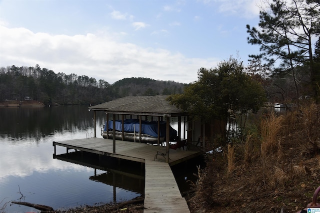 dock area featuring a water view and a wooded view