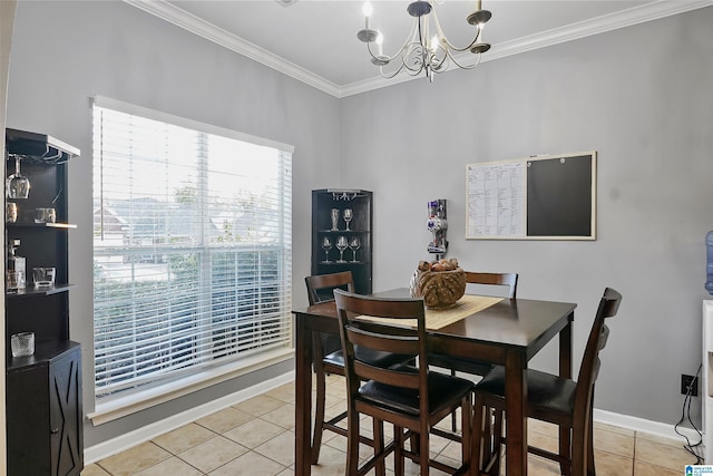 tiled dining room with crown molding and a chandelier