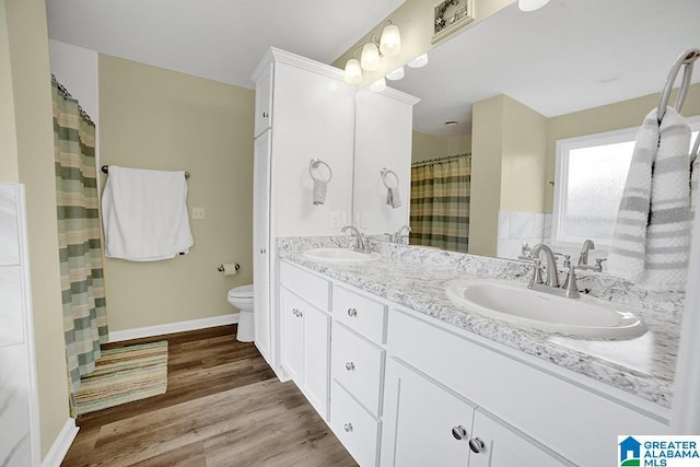 bathroom with vanity, hardwood / wood-style floors, and toilet