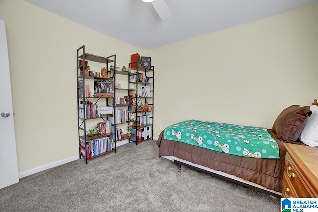 carpeted bedroom with ceiling fan