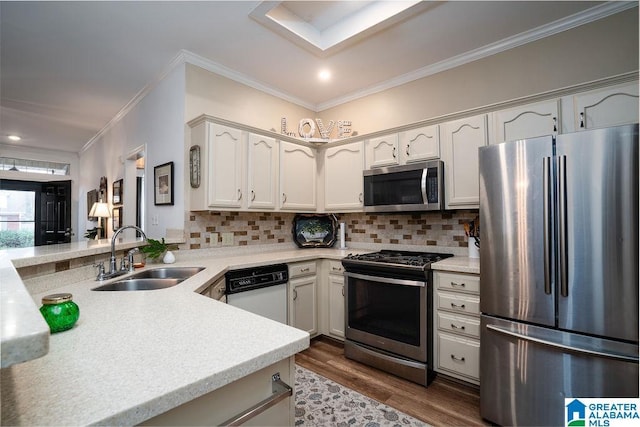 kitchen with tasteful backsplash, sink, stainless steel appliances, and kitchen peninsula