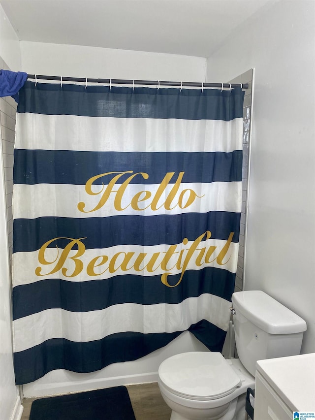 bathroom with walk in shower, vanity, toilet, and wood-type flooring