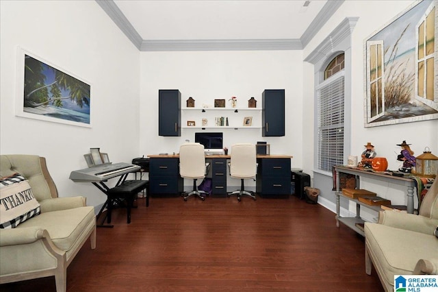 home office featuring crown molding and dark hardwood / wood-style floors