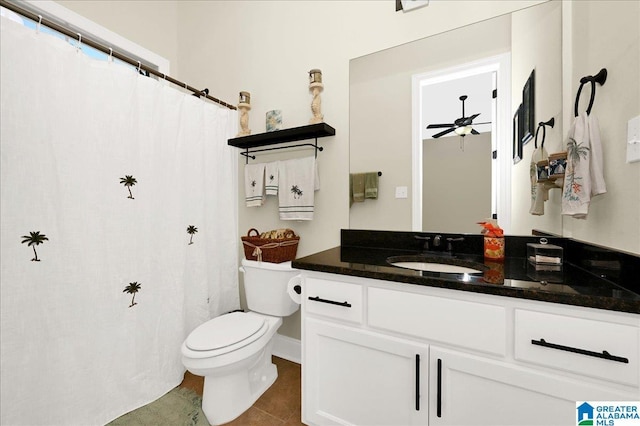 bathroom featuring tile patterned flooring, vanity, ceiling fan, and toilet