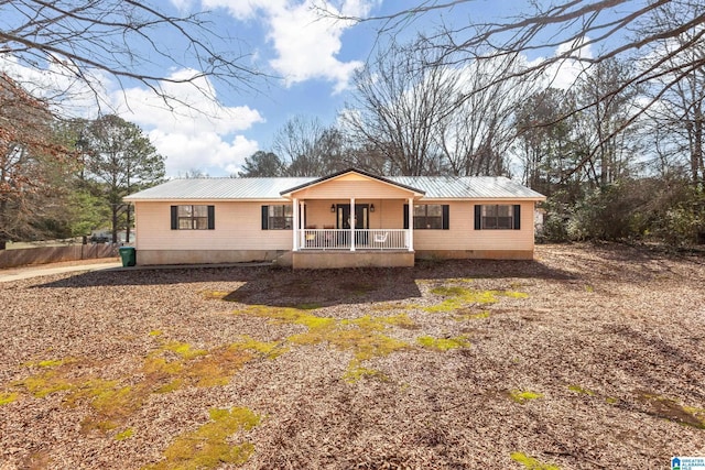 manufactured / mobile home with crawl space, covered porch, and metal roof