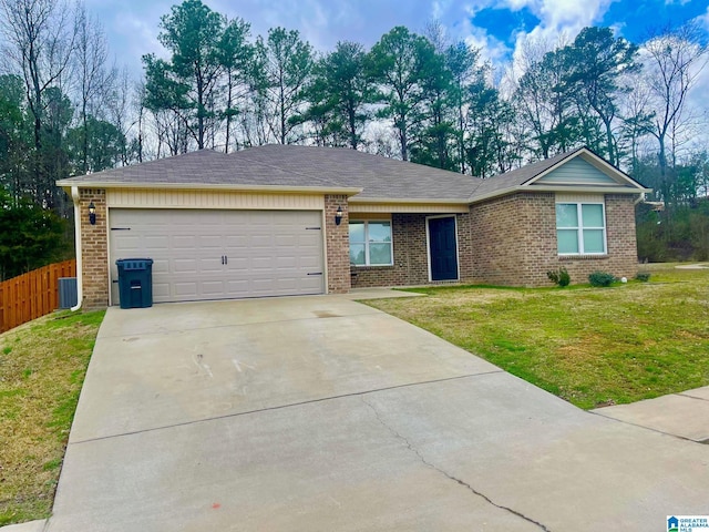 ranch-style home with an attached garage, brick siding, fence, concrete driveway, and a front yard