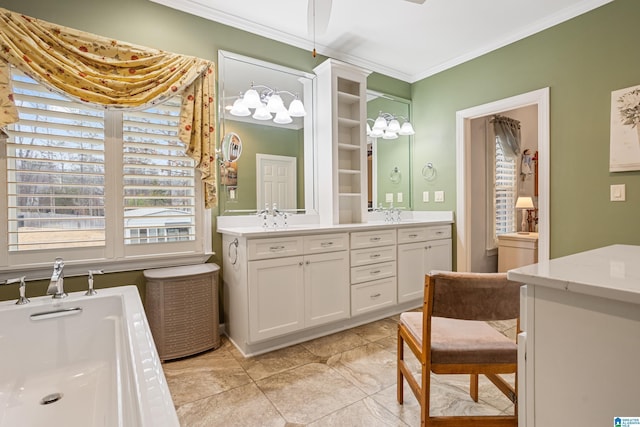 bathroom featuring ornamental molding, vanity, and a tub to relax in