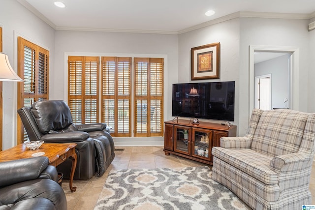 tiled living room with crown molding