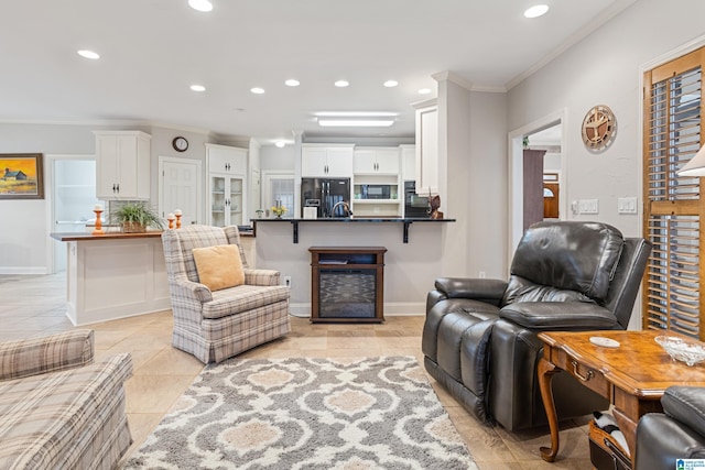 tiled living room featuring ornamental molding