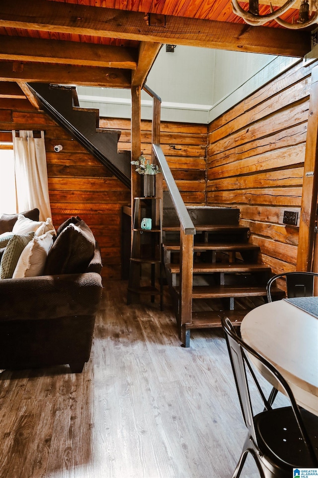 interior space with hardwood / wood-style floors, wood ceiling, and wood walls