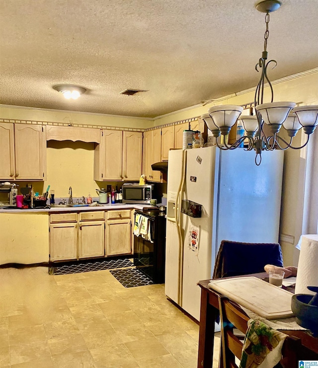 kitchen featuring sink, a textured ceiling, light brown cabinets, white fridge with ice dispenser, and electric stove