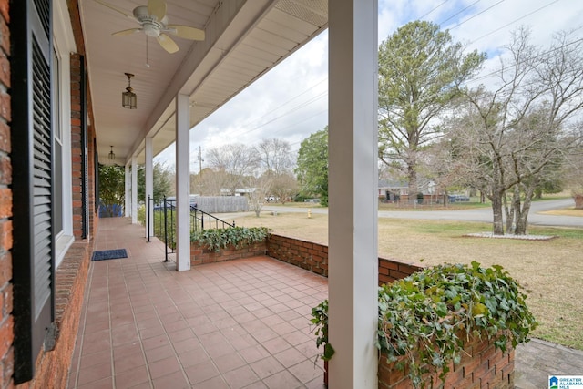 view of patio / terrace featuring ceiling fan and a porch