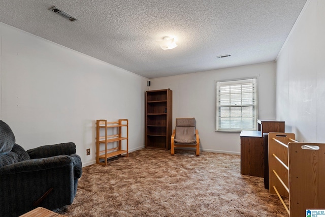 living area with carpet floors and a textured ceiling