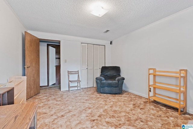 living area featuring carpet floors and a textured ceiling