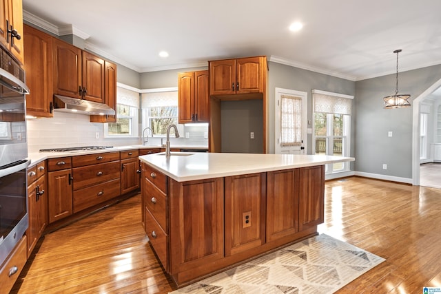 kitchen with sink, crown molding, appliances with stainless steel finishes, a center island with sink, and decorative light fixtures