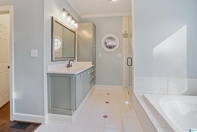 bathroom featuring vanity, tile patterned flooring, crown molding, and separate shower and tub