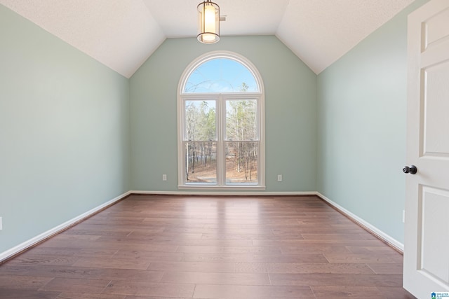 unfurnished room with hardwood / wood-style flooring and lofted ceiling