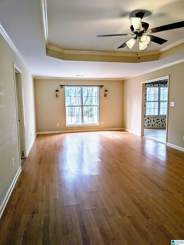 unfurnished room featuring crown molding, a tray ceiling, plenty of natural light, and wood finished floors