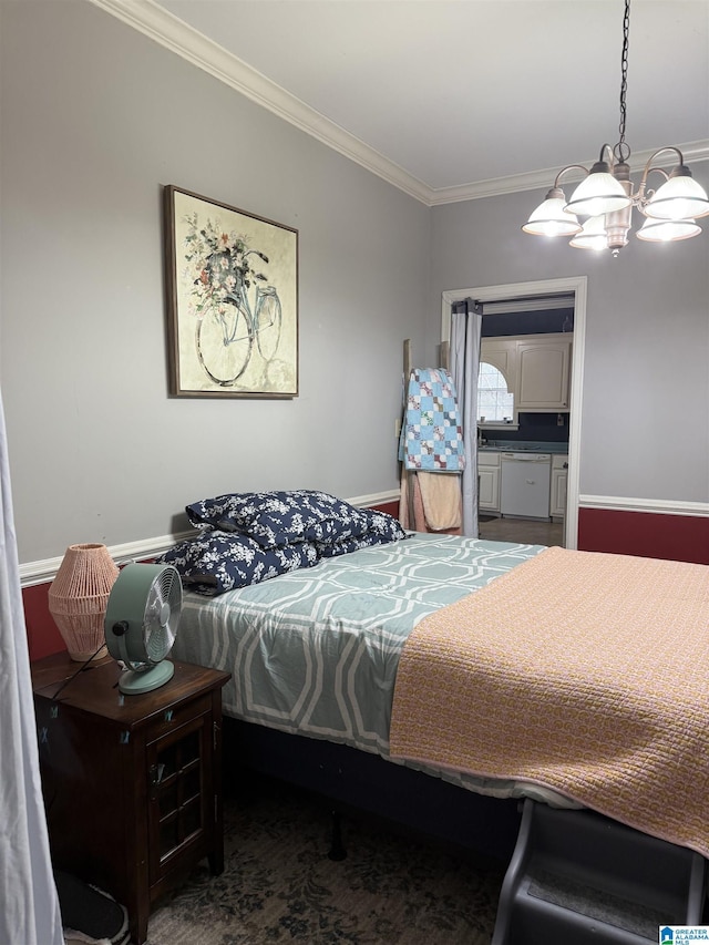 bedroom with crown molding and a chandelier