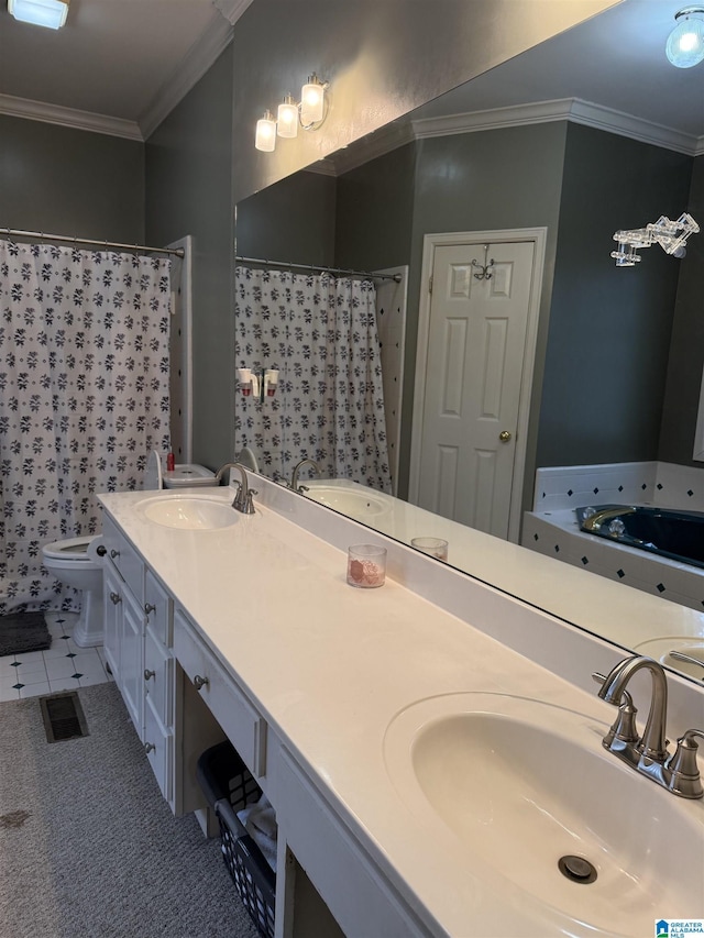 full bathroom featuring toilet, crown molding, shower with separate bathtub, vanity, and tile patterned flooring