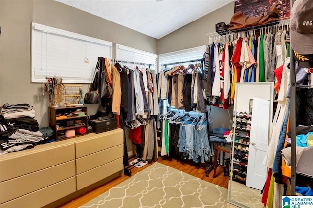 spacious closet featuring vaulted ceiling and wood finished floors