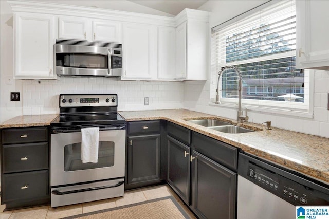 kitchen featuring white cabinetry, appliances with stainless steel finishes, decorative backsplash, and a sink