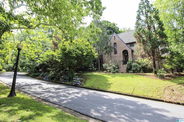 tudor home with a front lawn