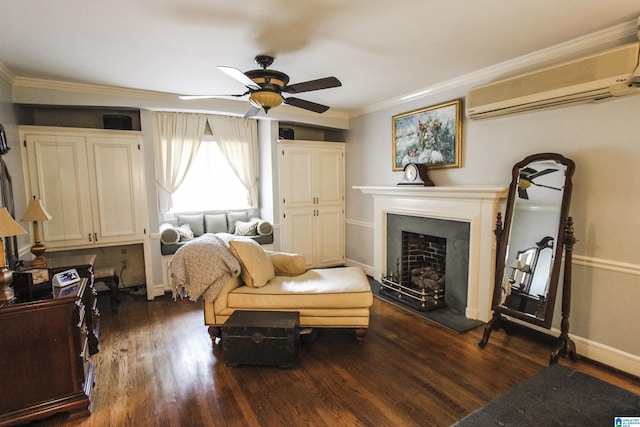 living area with crown molding, a wall mounted AC, ceiling fan, and dark hardwood / wood-style flooring