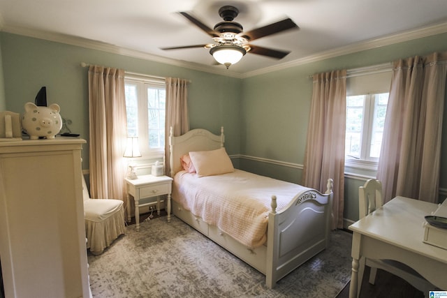 bedroom with crown molding and ceiling fan