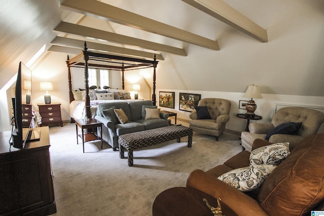 bedroom with vaulted ceiling with beams and carpet flooring