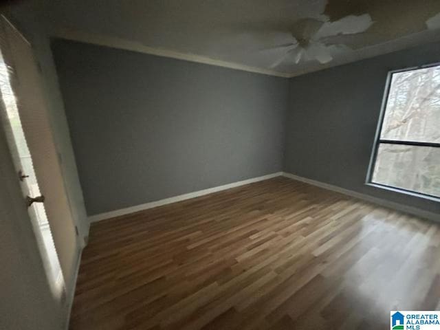 spare room with dark wood-type flooring, ornamental molding, and ceiling fan