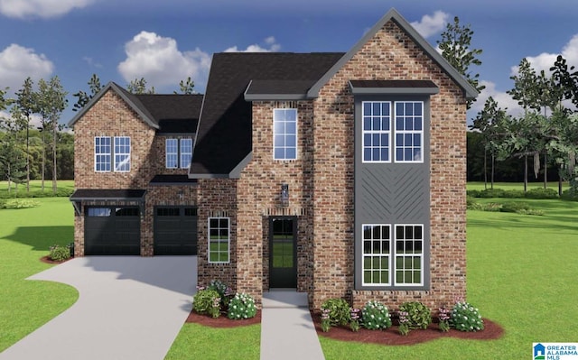 view of front of house with a garage and a front lawn