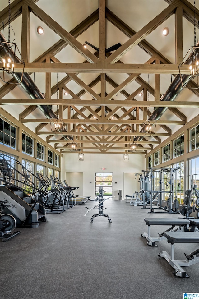 workout area featuring plenty of natural light and high vaulted ceiling