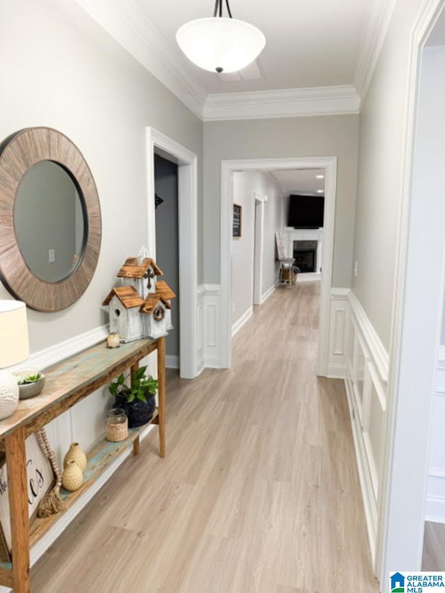 corridor with crown molding and light wood-type flooring