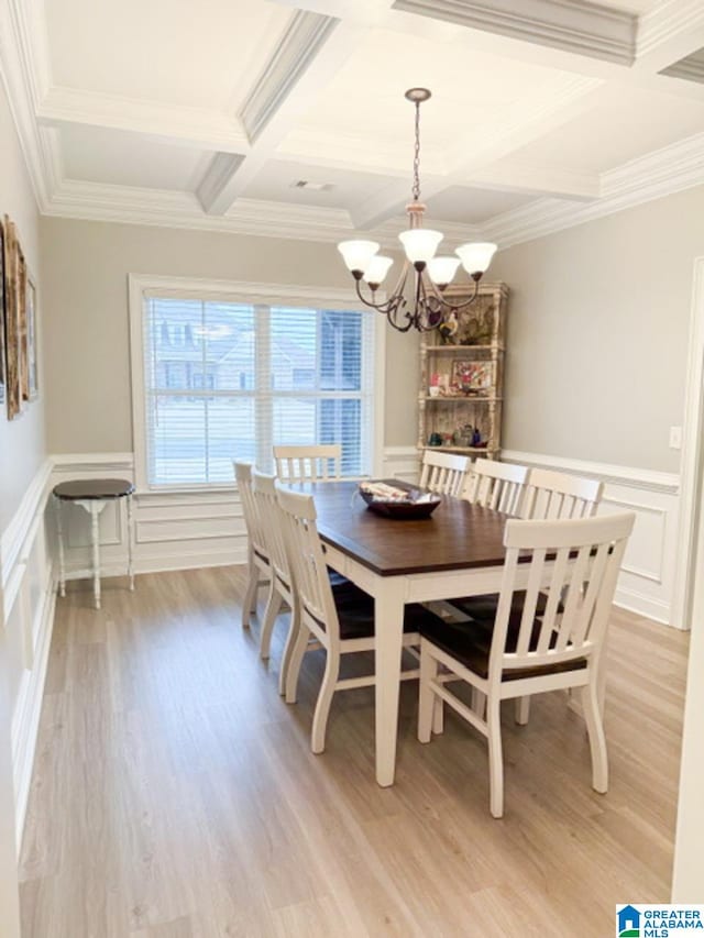 dining room featuring beamed ceiling, coffered ceiling, a notable chandelier, and light wood-type flooring