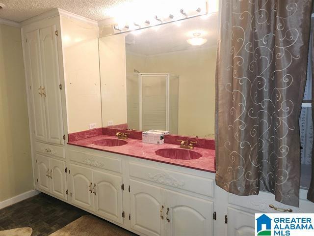 bathroom with walk in shower, vanity, hardwood / wood-style floors, and a textured ceiling