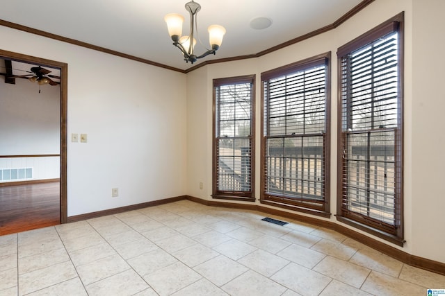 tiled empty room featuring crown molding and ceiling fan with notable chandelier