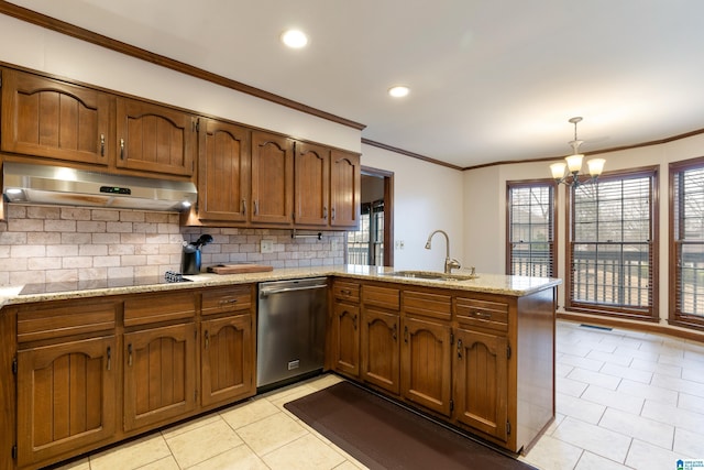 kitchen with sink, dishwasher, kitchen peninsula, pendant lighting, and black electric stovetop