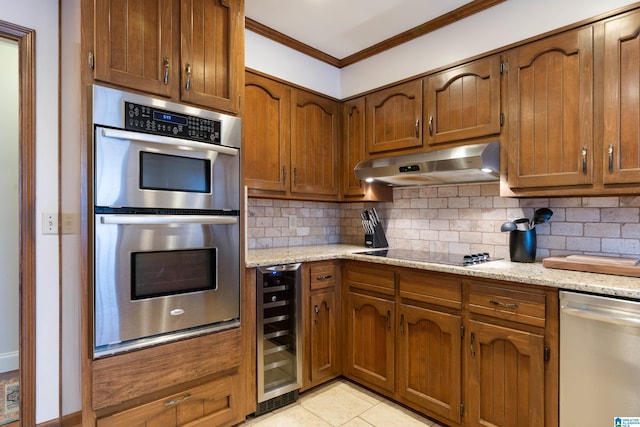 kitchen with decorative backsplash, ornamental molding, beverage cooler, and appliances with stainless steel finishes