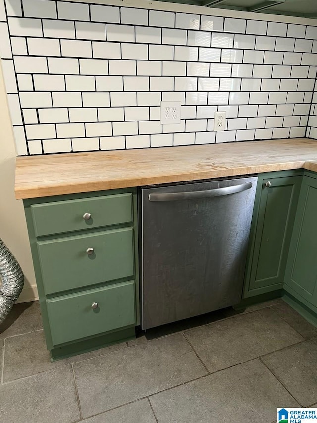 details with butcher block countertops, dishwasher, and green cabinetry