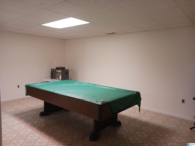 game room with a paneled ceiling and billiards