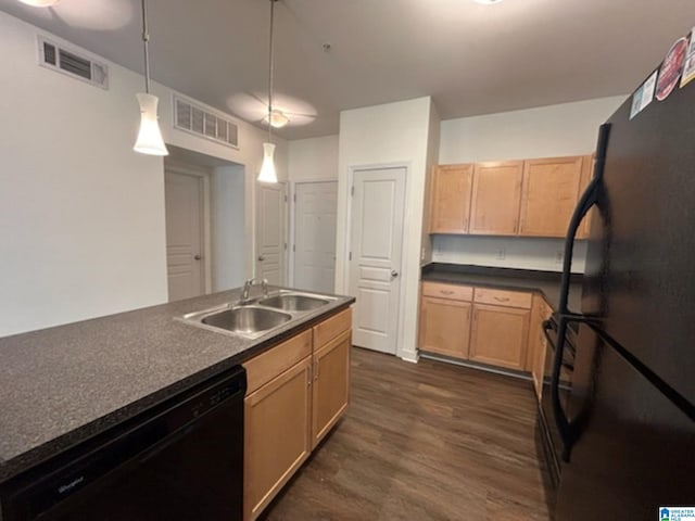 kitchen with decorative light fixtures, sink, black appliances, dark wood-type flooring, and light brown cabinets