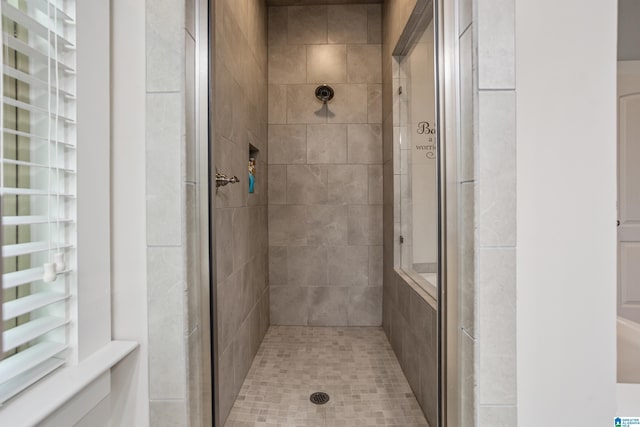 bathroom with a shower with shower door