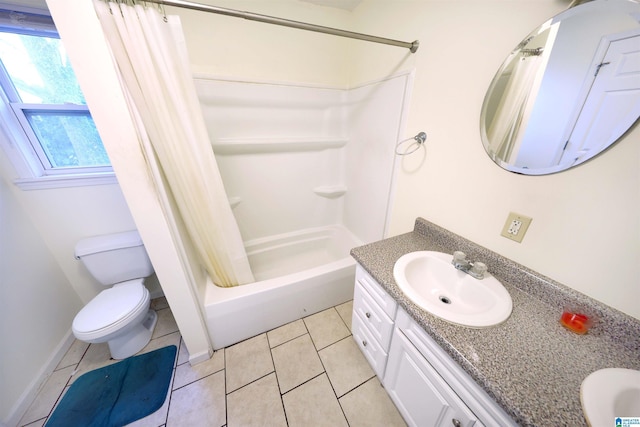 full bathroom featuring tile patterned floors, toilet, shower / tub combo, and vanity