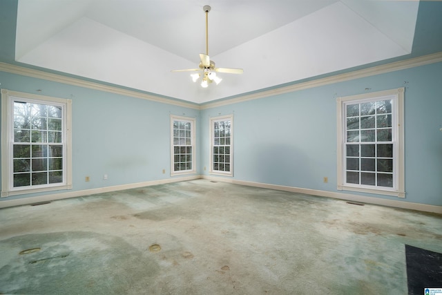 carpeted spare room with ceiling fan, ornamental molding, and a tray ceiling