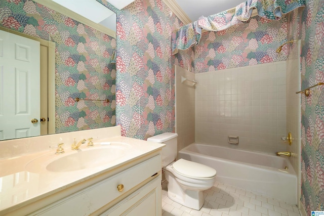 full bathroom with tile patterned flooring, vanity, tiled shower / bath combo, and toilet